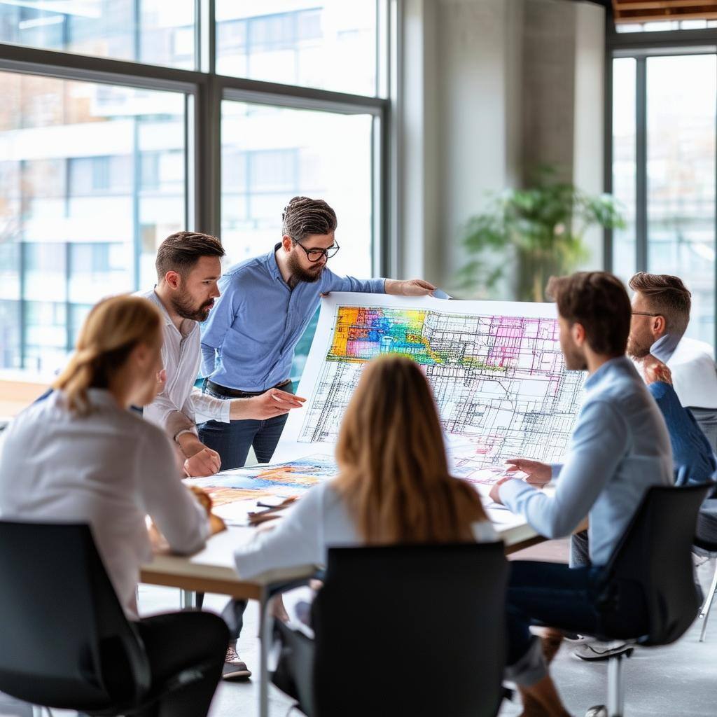 [Insert Image 4 Team members in a meeting reviewing a large color CAD print, discussing various aspects of a design]This image shows a team of profes-2