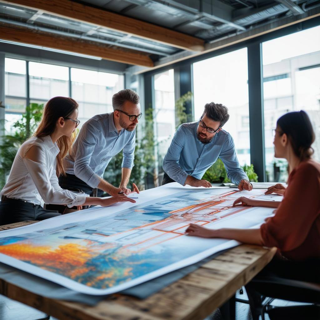[Insert Image 4 Team members in a meeting reviewing a large color CAD print, discussing various aspects of a design]This image shows a team of profes