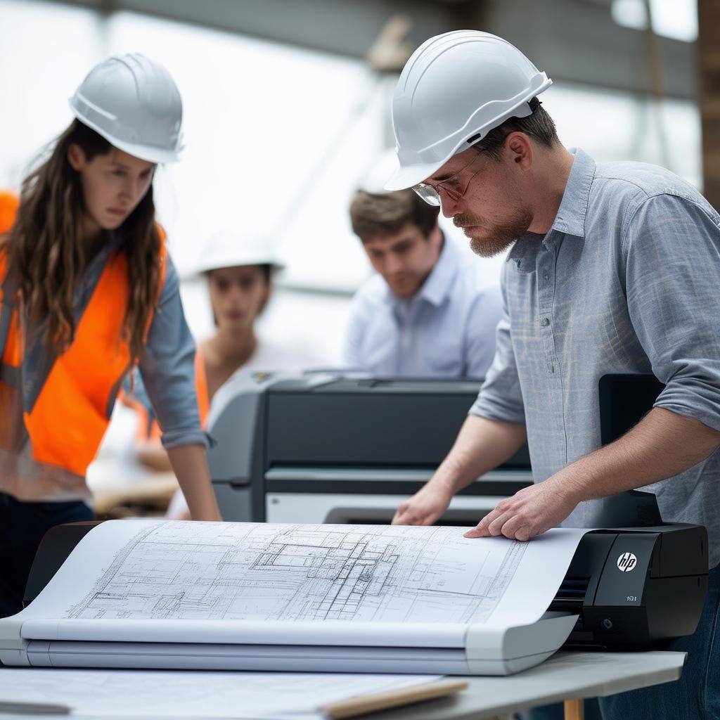 A busy construction site or architecture office with a largeformat HP DesignJet XT950 printer prominently displayed-2
