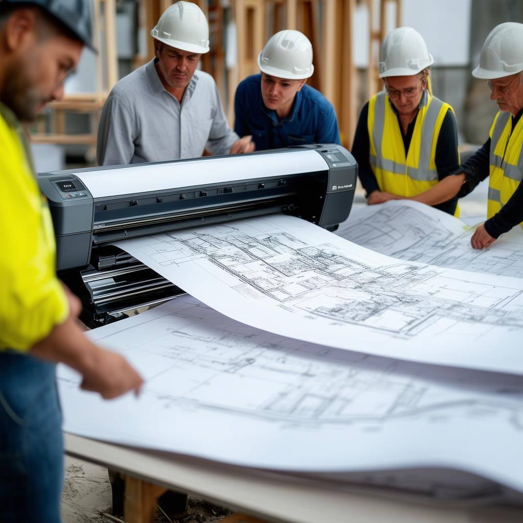 A busy construction site or architecture office with a largeformat HP DesignJet XT950 printer prominently displayed-3