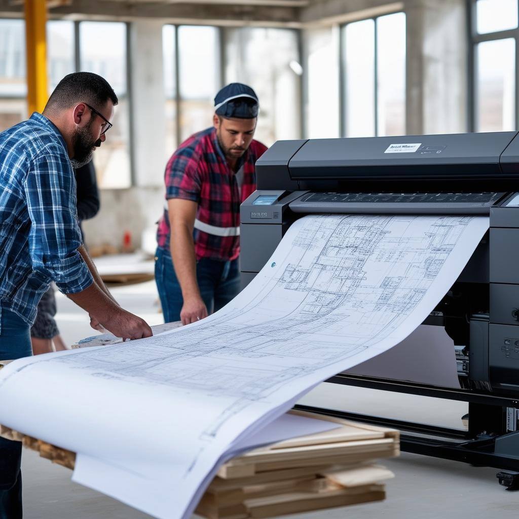 A busy construction site or architecture office with a largeformat HP DesignJet XT950 printer prominently displayed