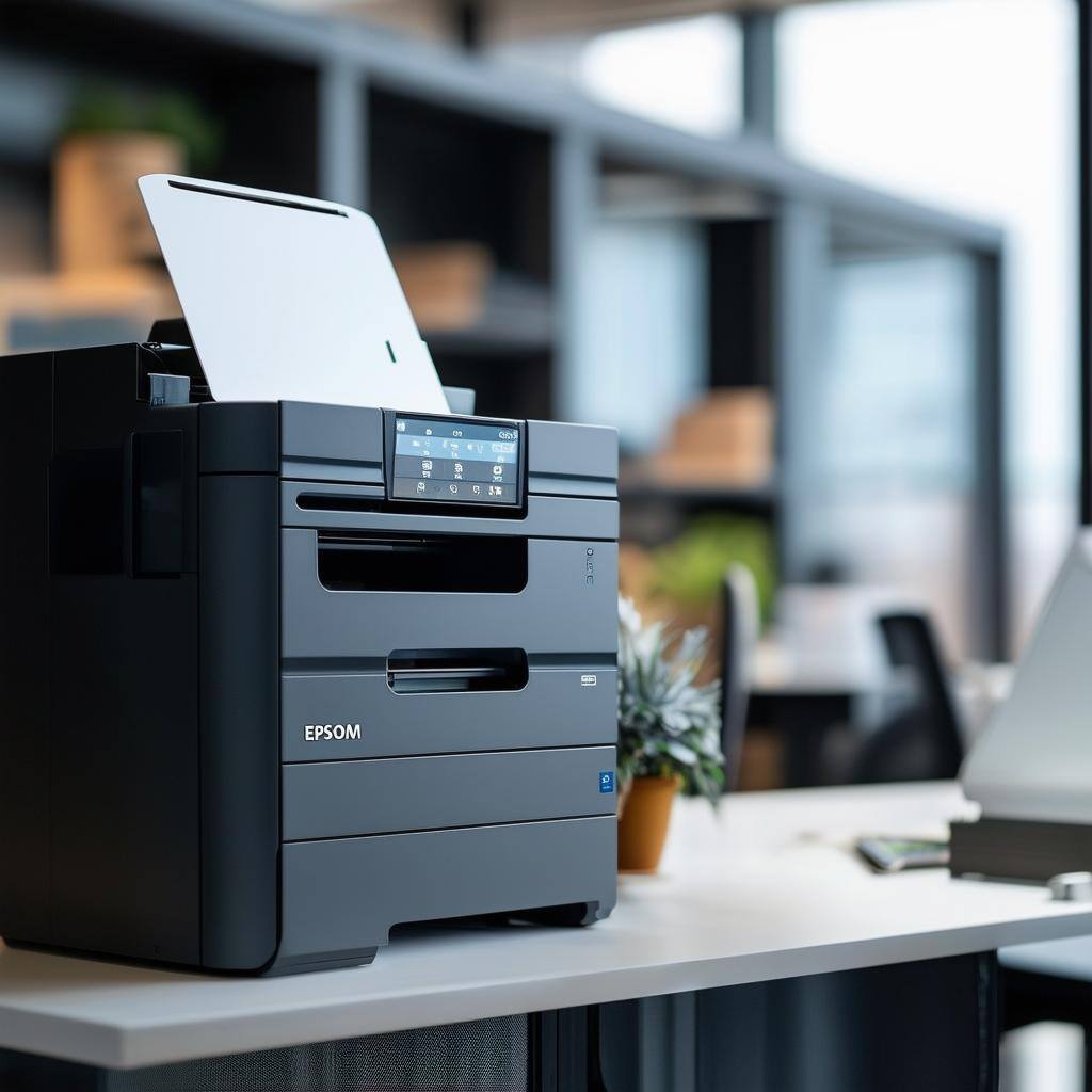 A closeup of the EPSOM Workforcehighspeed printer in an office or business setting1-1