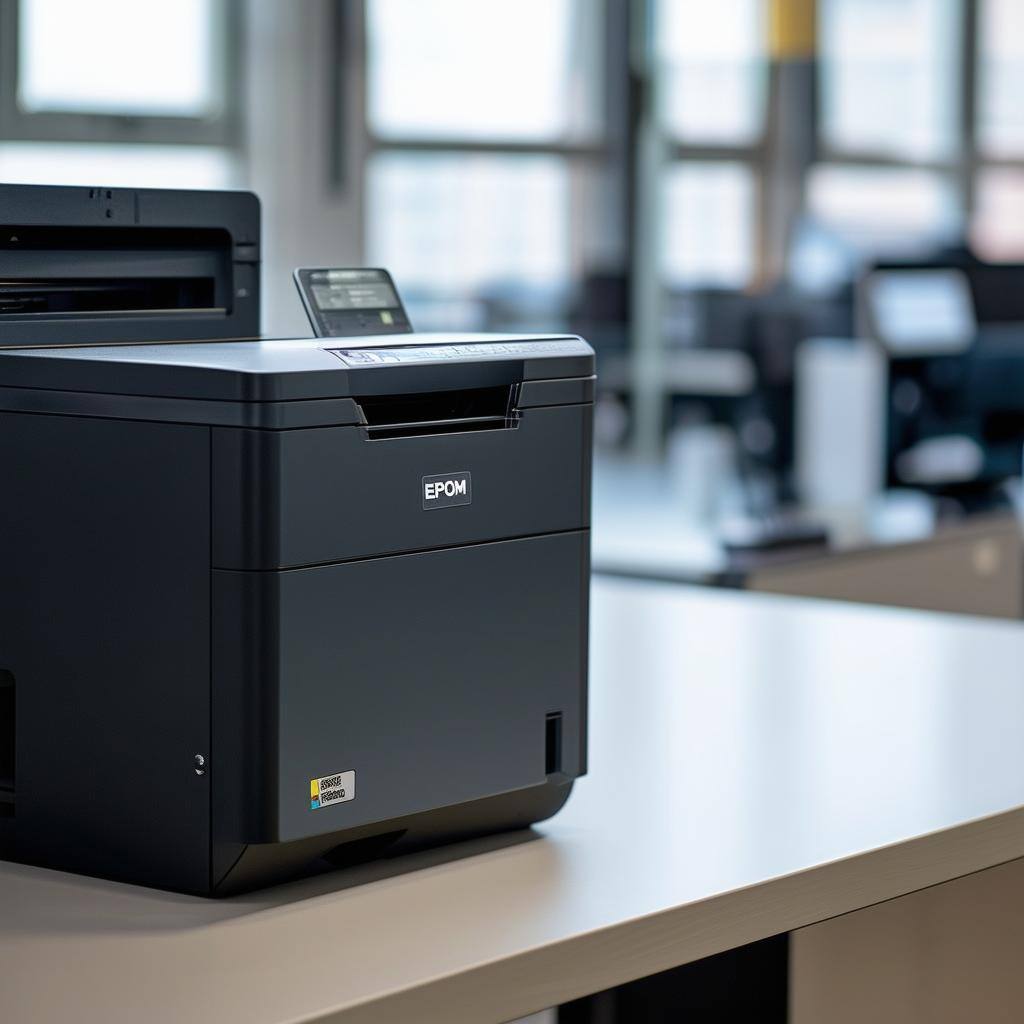 A closeup of the EPSOM Workforcehighspeed printer in an office or business setting1