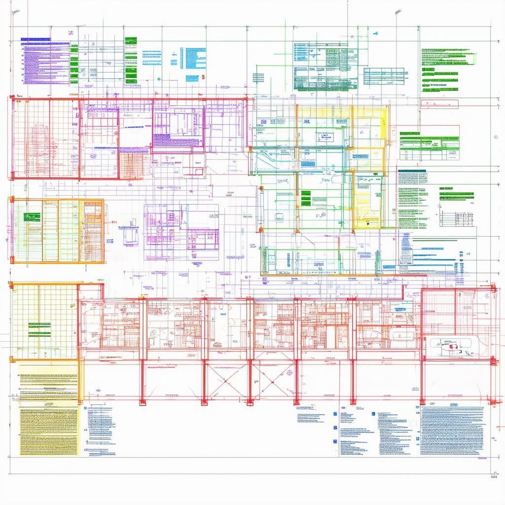 A colorcoded architectural drawing with labels for different systems like electrical, plumbing, and structural plans-1