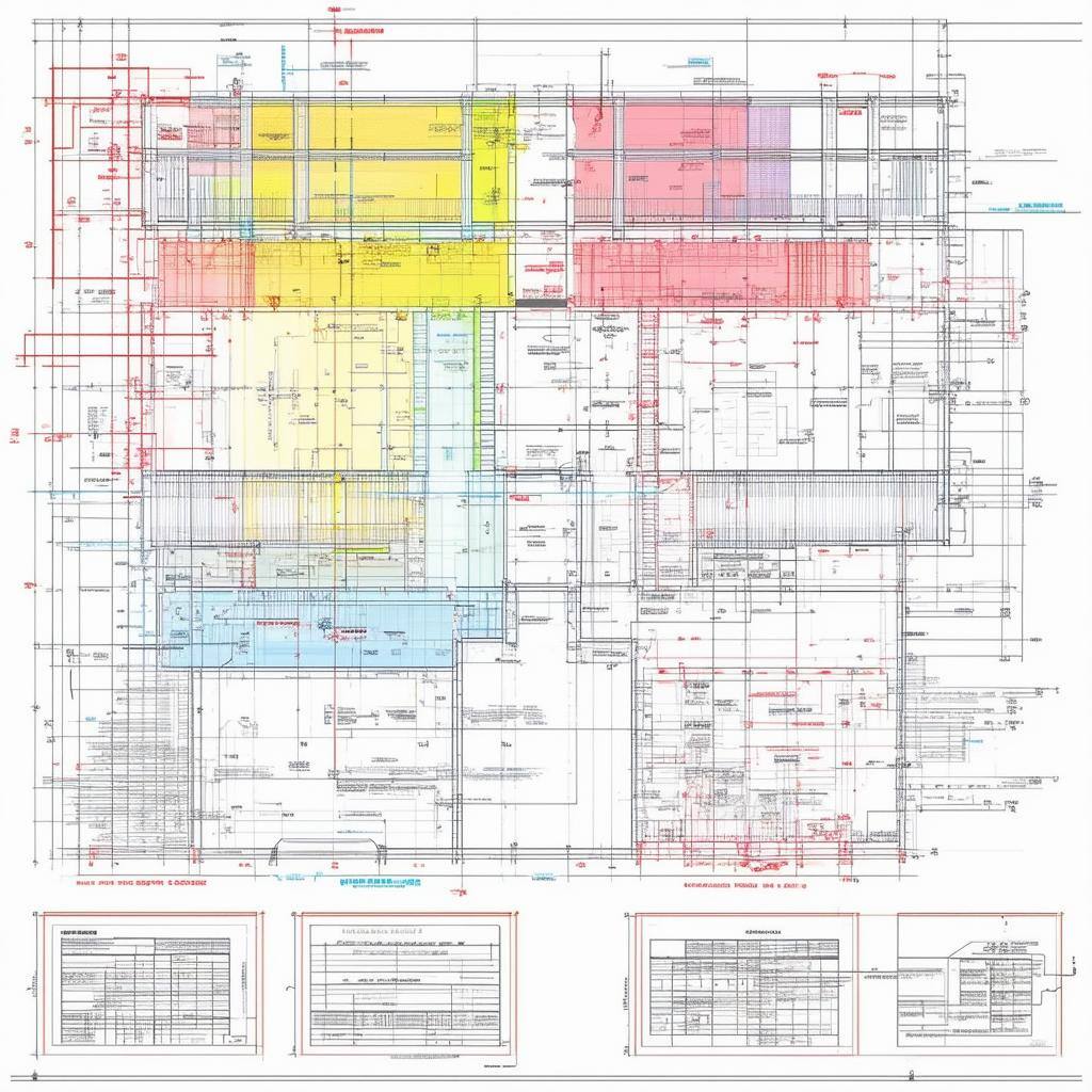 A colorcoded architectural drawing with labels for different systems like electrical, plumbing, and structural plans