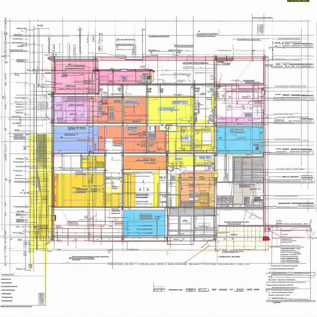 A colorcoded architectural drawing with labels for different systems like electrical, plumbing, and structural