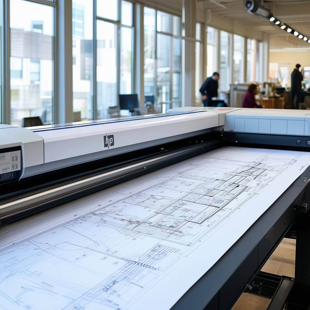 A largeformat HP Designjet XL 3800 printer in a design studio or architectural firm, printing large blueprints and CAD designs1-1