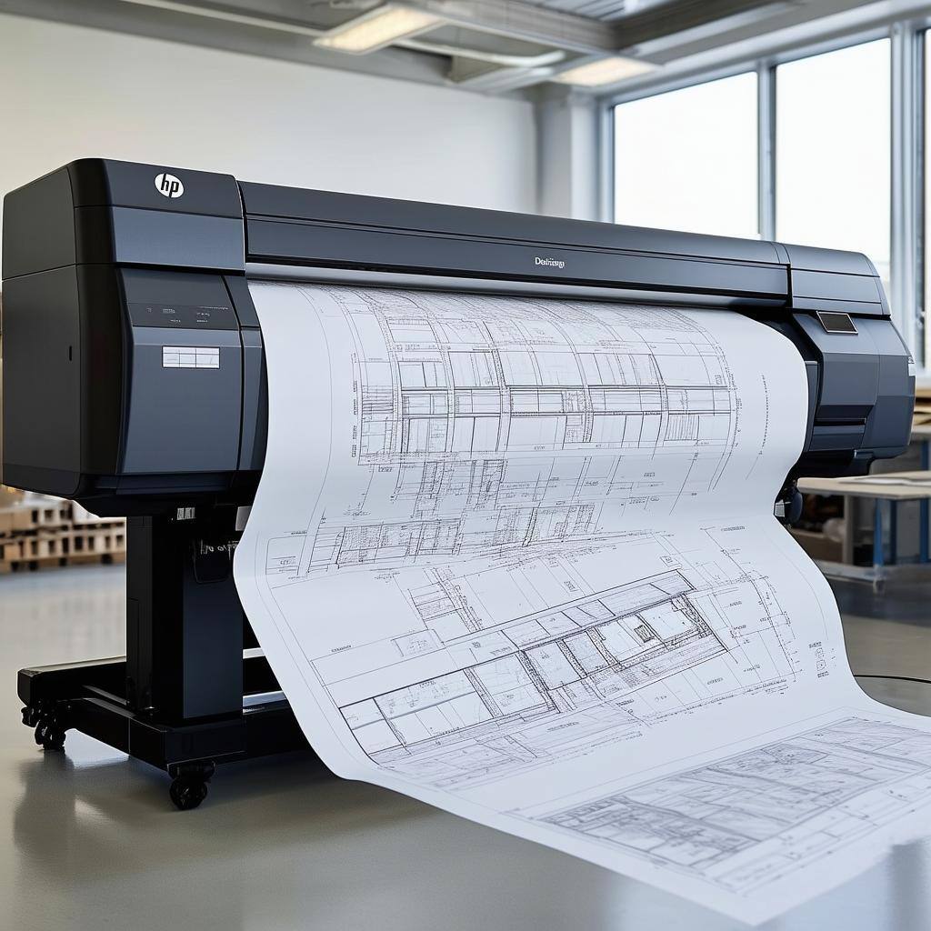 A largeformat HP Designjet XL 3800 printer in a design studio or architectural firm, printing large blueprints and CAD designs1-2