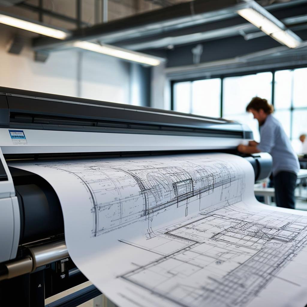 A largeformat HP Designjet XL 3800 printer in a design studio or architectural firm, printing large blueprints and CAD designs1
