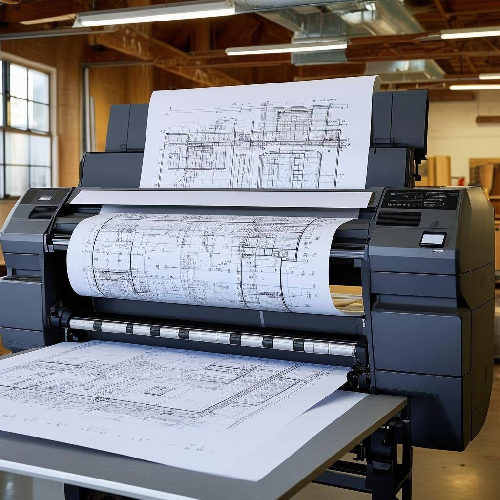 A largeformat HP Designjet XT950 printer in a design studio or architectural firm, printing large blueprints and CAD designs1