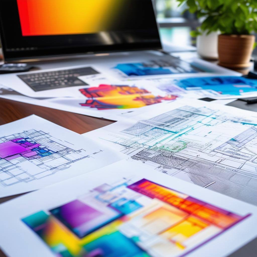 A professional client presentation featuring vibrant color CAD prints documents