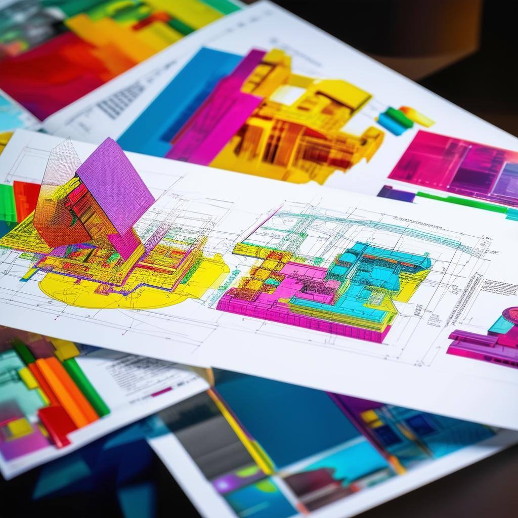 A professional client presentation featuring vibrant color CAD prints]