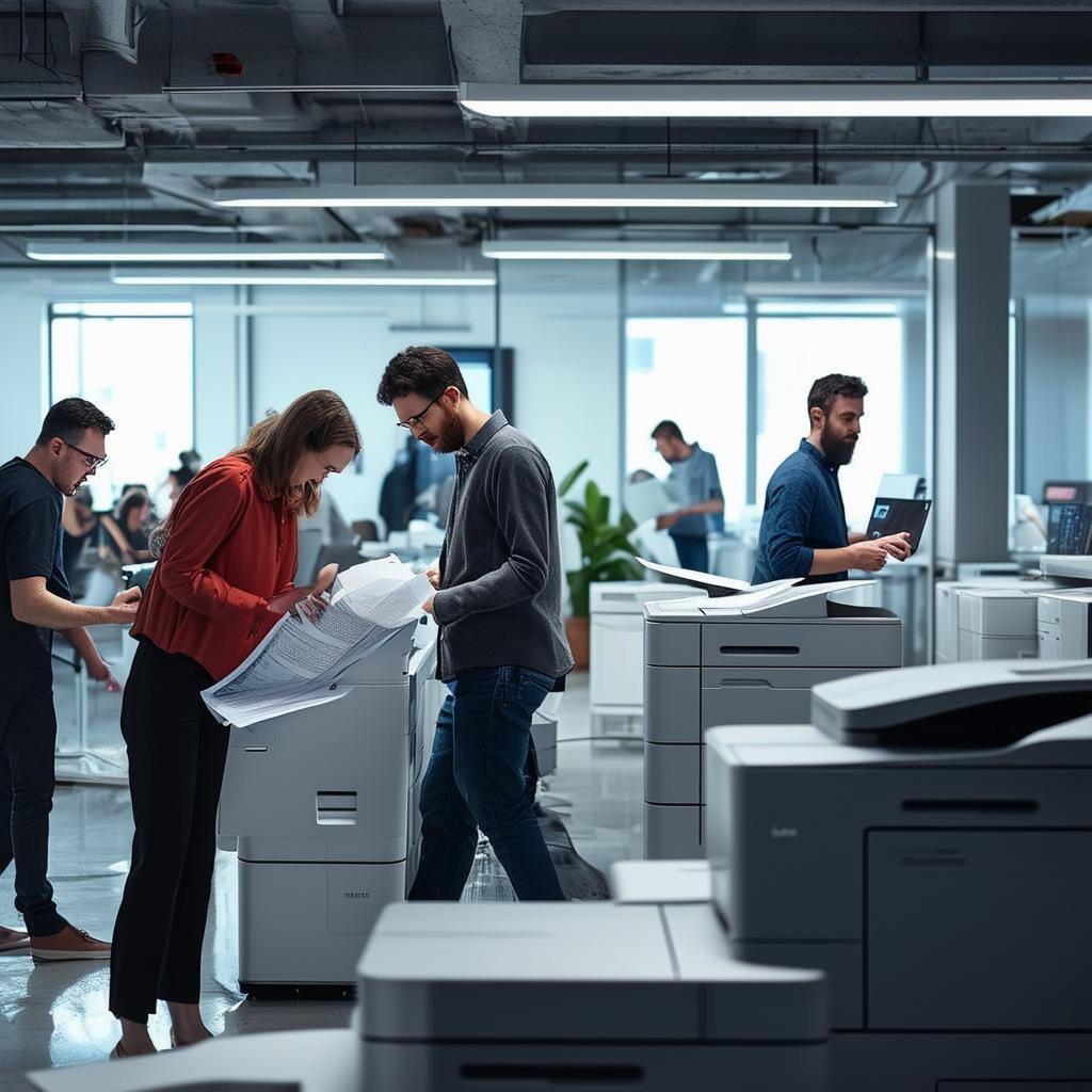 An office environment with a busy team working around highspeed printers