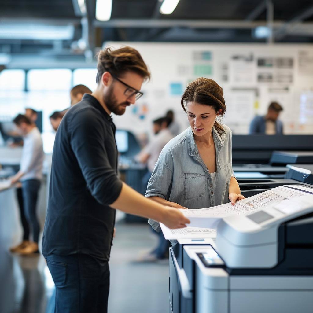 An office with multiple highspeed printers, like the Epson WFC21000 and HP DesignJet 3600, in action-1