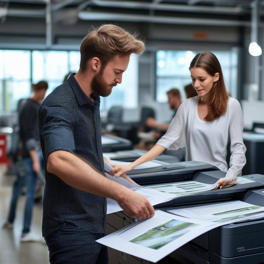 An office with multiple highspeed printers, like the Epson WFC21000 and HP DesignJet 3600, in action