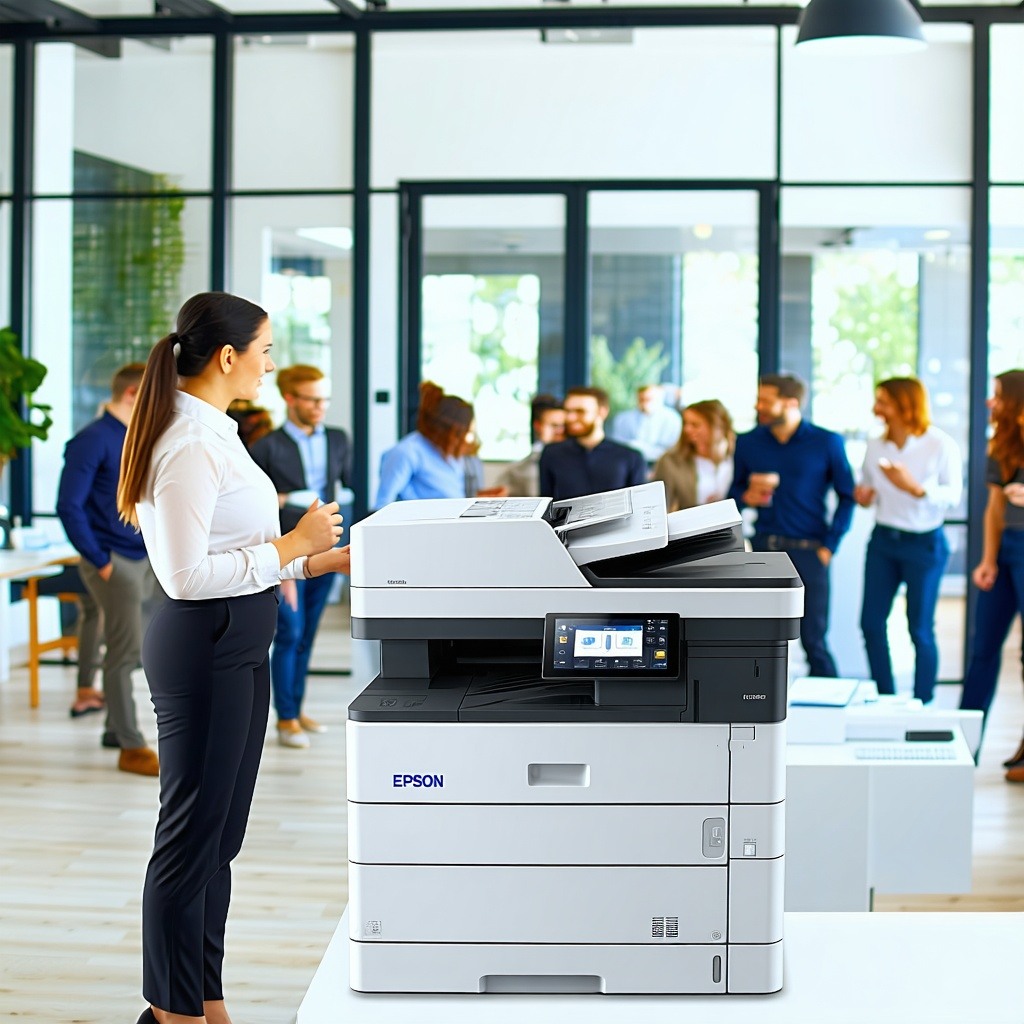 Visualize a sleek, modern office environment with the Epson WorkForce® Enterprise WFC21000 prominently displayed-1