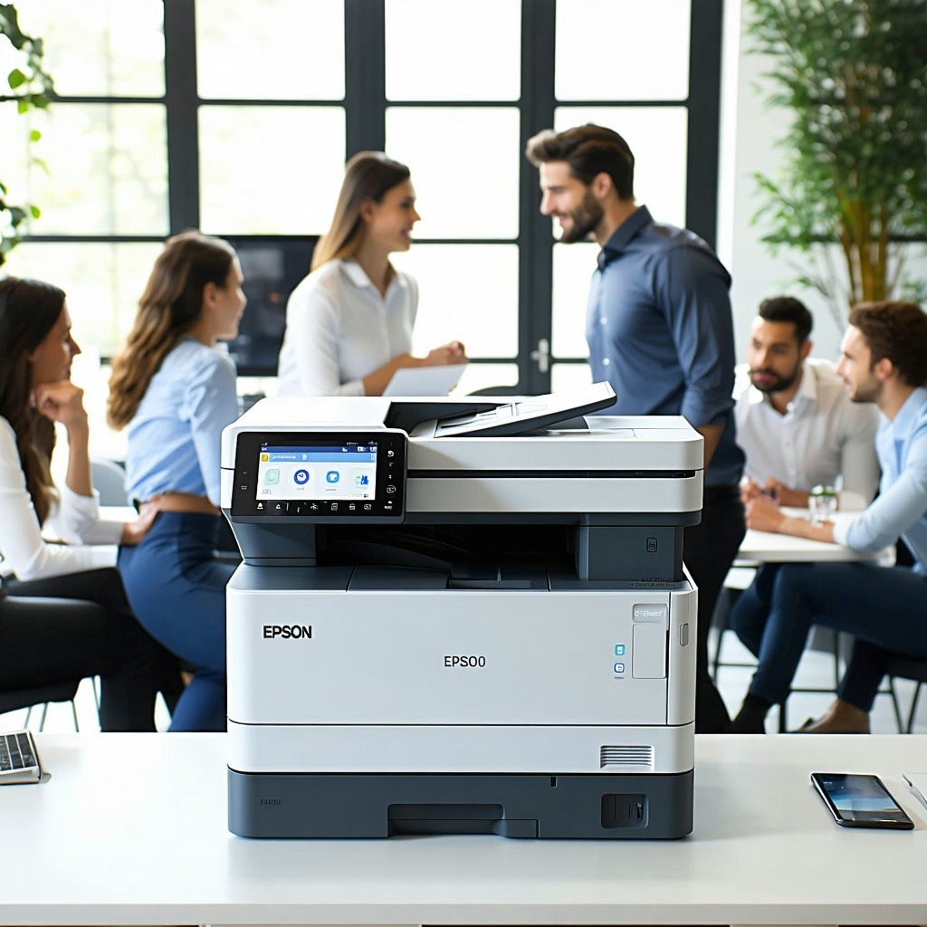 Visualize a sleek, modern office environment with the Epson WorkForce® Enterprise WFC21000 prominently displayed-3