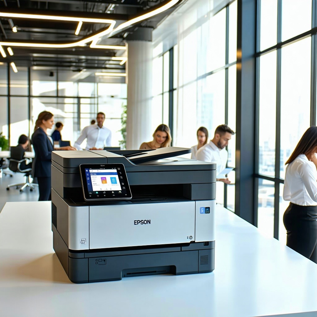 Visualize a sleek, modern office environment with the Epson WorkForce® Enterprise WFC21000 prominently displayed