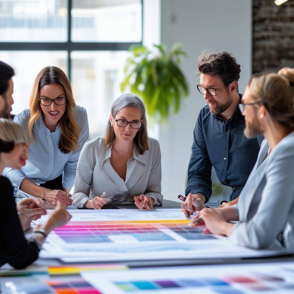 shows a team of professionals in a meeting, discussing the benefits of color in CAD prints and collaborating around a table